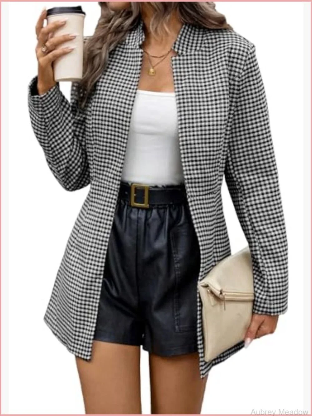 Long Plaid Blazer Jacket Open Front Notched Lapel Work Casual Office Suit